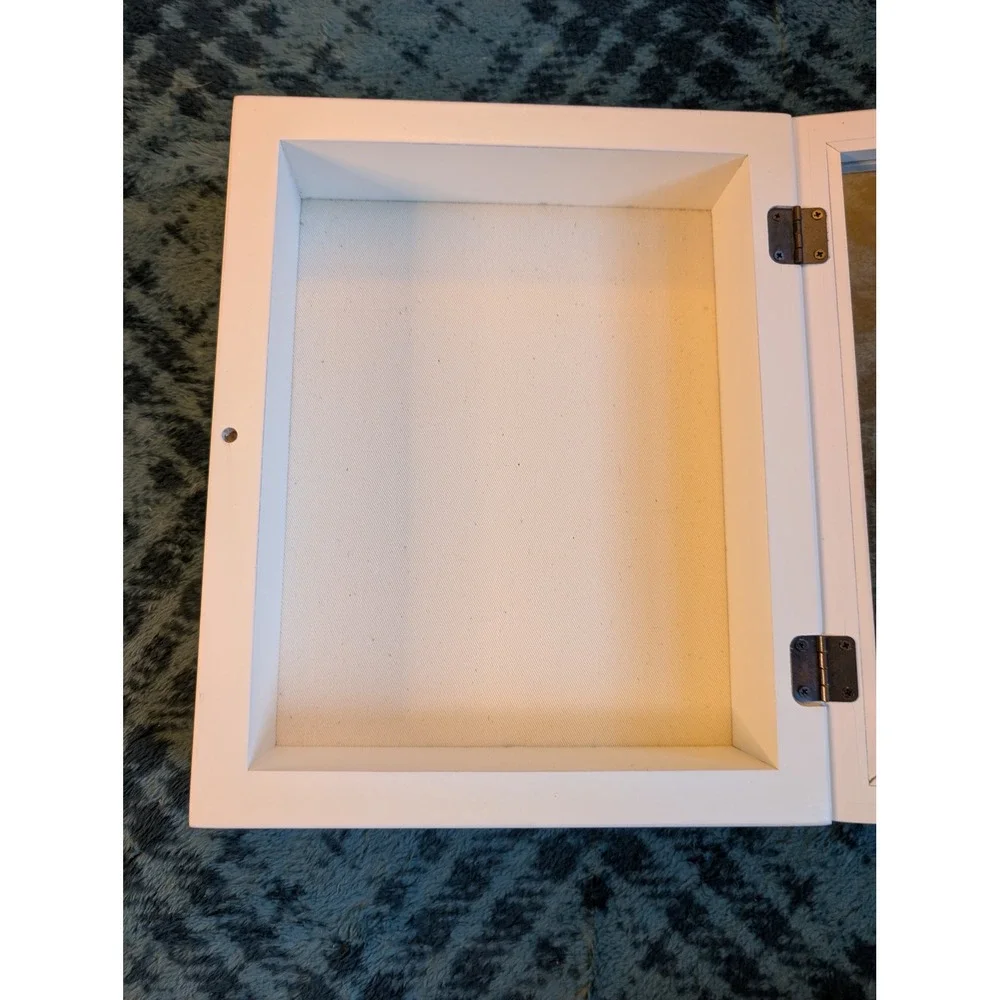 White Wood Shadow Box Display Padded Case Hinged Glass Door 9.25x11 Memory Box